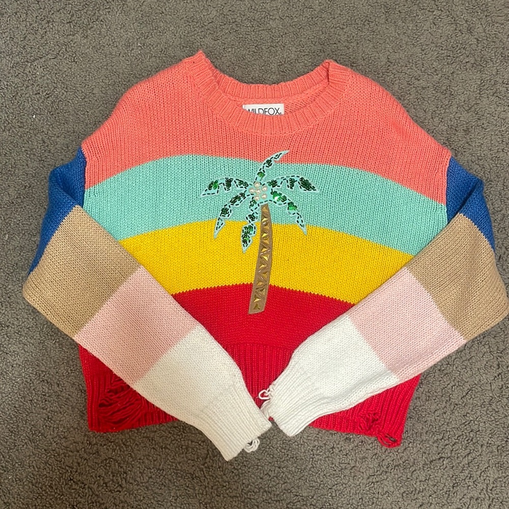 WildFox NW Distressed PalmTree Embroidered Stripe Sweater